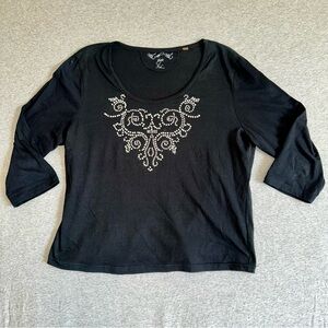 Knit De Knit XL Black Rhinestone Embellished 3/4 Sleeve Top Y2K Stretchy Blouse